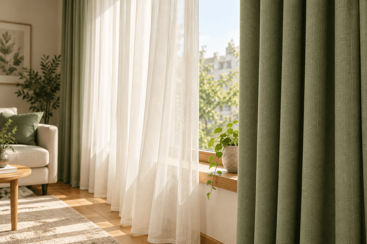 Gün ışığı alan pencerede temiz perde dokusu